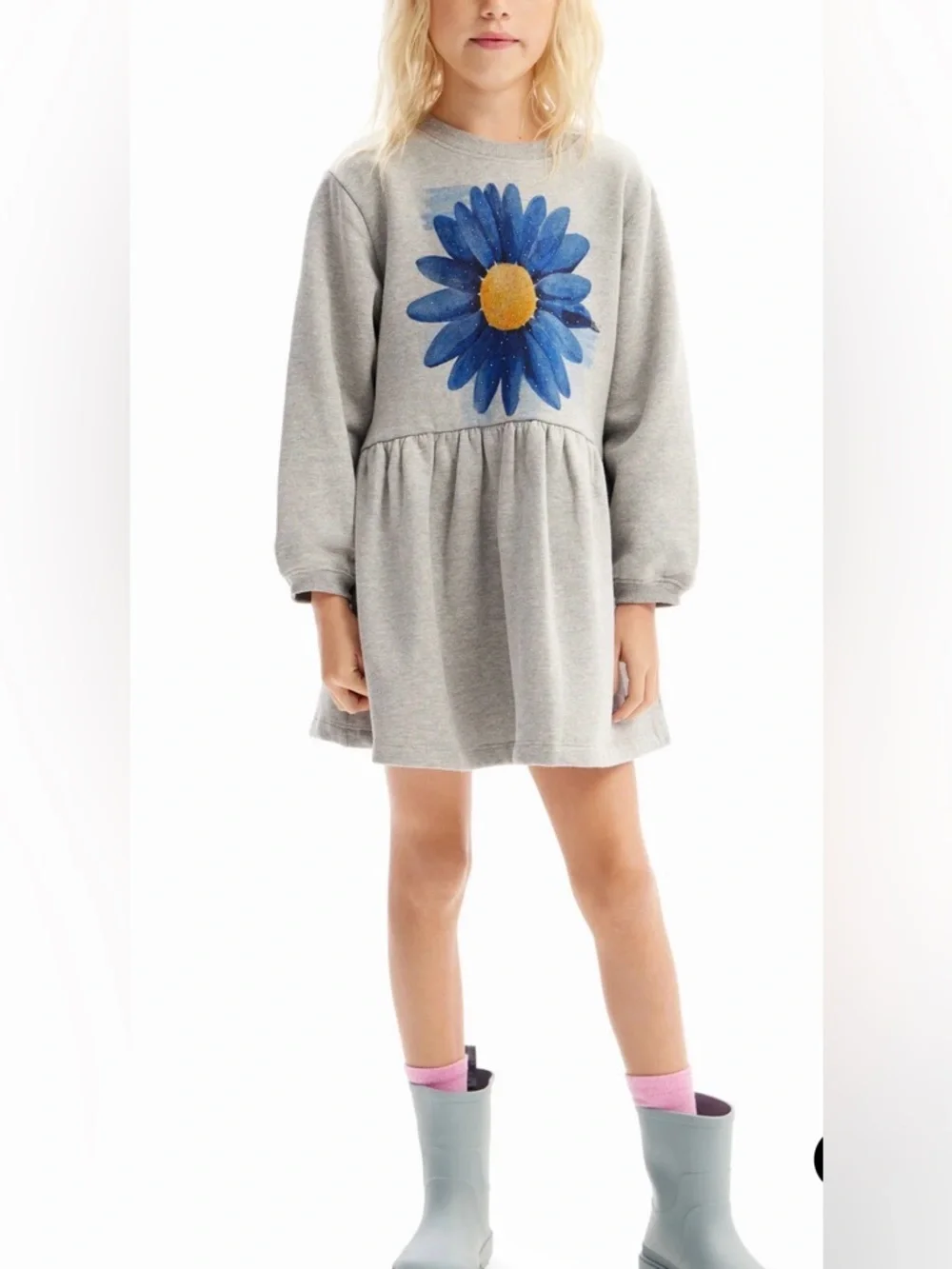 EUC! Desigual Gray Dress with Blue Flower and Yellow Center, sz 9-10